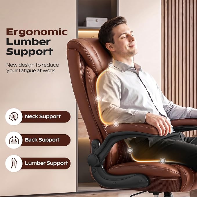 Office Chair, Ergonomic High Back Home Office Desk Chair, Big and Tall Breathable Leather Office Chair with Lumbar Support Flip-Up Armrests, Computer Chair with Rocking Function