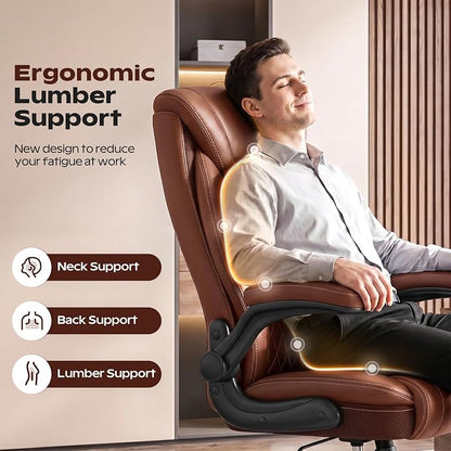 Office Chair, Ergonomic High Back Home Office Desk Chair, Big and Tall Breathable Leather Office Chair with Lumbar Support Flip-Up Armrests, Computer Chair with Rocking Function