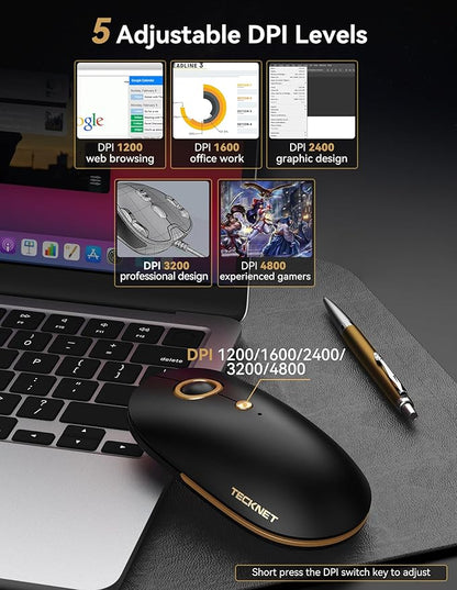 TECKNET Wireless Mouse, 2.4G Computer Mouse for Laptop, 4800 DPI Silent Mouse with USB Receiver, Slim Portable Travel Mouse Compatible with MacOS Windows Android PC Chromebook, 18 Months Battery Life