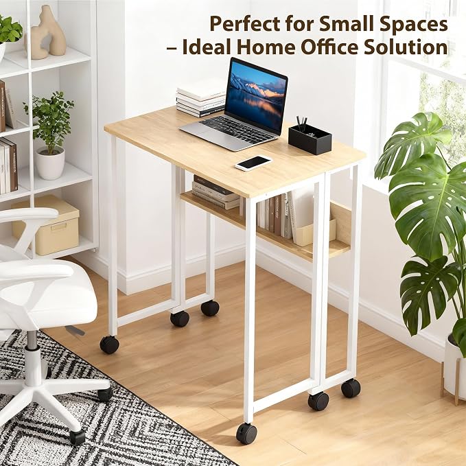 Garvee Folding Desk Small Rolling Desk with Storage Shelf,31.5 Inch Foldable Computer Table for Small Spaces, Space Saving Sofa Table with Wheels for Home Office, Study, Easy Assembly,