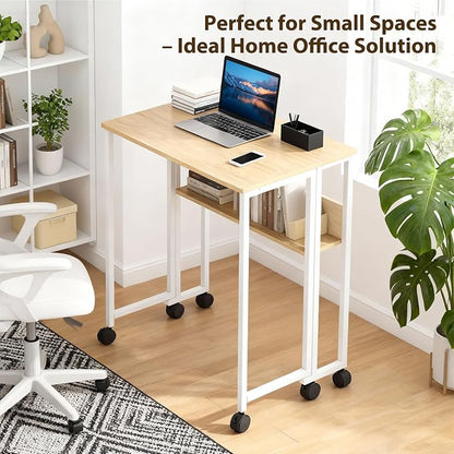 Garvee Folding Desk Small Rolling Desk with Storage Shelf,31.5 Inch Foldable Computer Table for Small Spaces, Space Saving Sofa Table with Wheels for Home Office, Study, Easy Assembly,