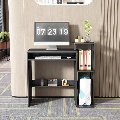 35" Compact Computer Desk with 3-Tier Storage Shelves & Keyboard Tray – Small Study Table for Bedroom or Home Office (Black)