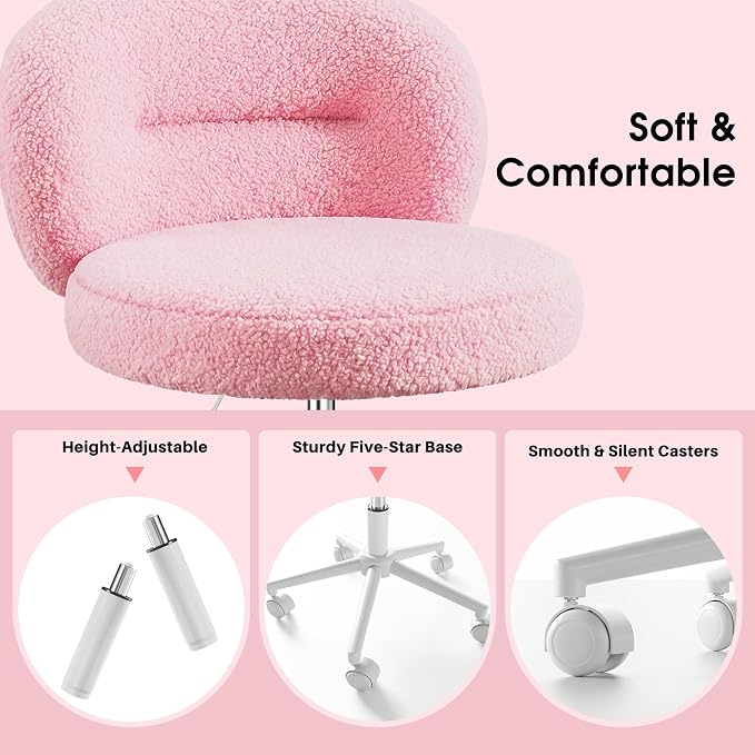 Homkdom Plush Vanity Chair with Wheels, Soft Comfy Makeup Chair with Rounded Back, Height Adjustable, 360° Swivel for Bedroom & Beauty Spaces