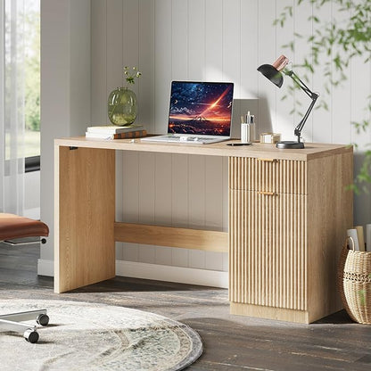 GarveeHome 60" Executive Desk with Storage, Modern Home Office Desk with Drawer & Cabinet, Wood Fluted Computer Desks Workstation Writing Conference Table for Study, Living Room, Bedroom, Natural Oak