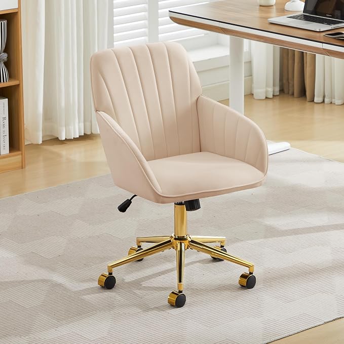 Velvet Home Office Desk Chair, Modern Cute Computer Task Chair with Back, Height Adjustable Upholstered Vanity Chair with Swivel Wheels for Women, Girls (Gold Base, Oatmeal
