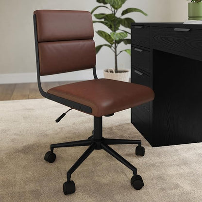 Martha Stewart Lulu Swivel Task Chair with Height Adjustable Seat for Home Office in Saddle Brown Faux Leather with Oil Rubbed Bronze Frame