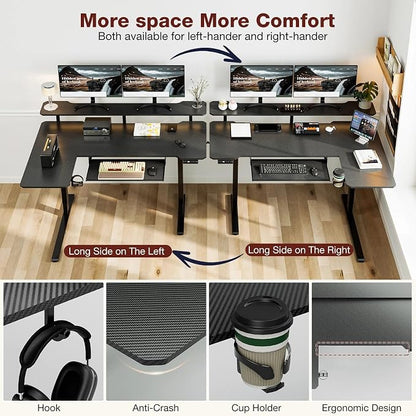 Acrolix 59 Inch L Shaped Standing Desk with Shelves and Keyboard, Electric Corner Standing Desk Adjustable Height, Sit Stand Computer Table with Reversiable Splice Board，Black Carbon