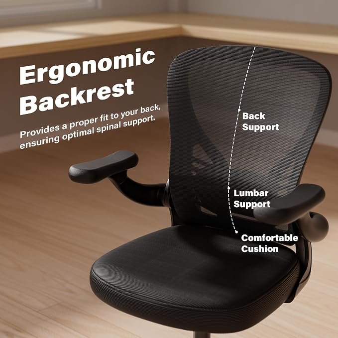 GYI Ergonomic Mesh Office Desk Chair, Black | 3D Flip-up Arms, Adjustable Lumbar Support, Adjustable Height, Study Room, Bedroom, Conference Room