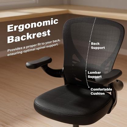 GYI Ergonomic Mesh Office Desk Chair, Black | 3D Flip-up Arms, Adjustable Lumbar Support, Adjustable Height, Study Room, Bedroom, Conference Room
