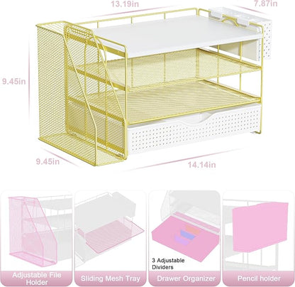 gianotter Wood Desk Organizers and Accessories with File Holder, 4-Tier Desk Accessories & Workspace Organizers with Drawer and Pen Holder, Desk Reference Organizer (Gold, 4T with Drawer)