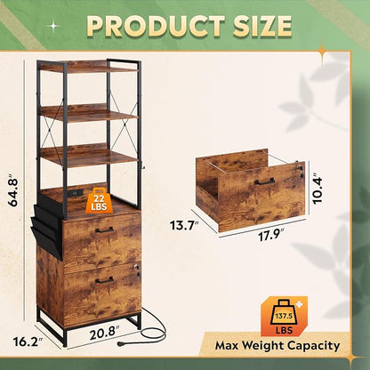 DEVAISE 2 Drawer File Cabinet with Charging Station and 4-Tier Bookshelf, Tall Filing Cabinet for Office Storage, Printer Stand fits Filing Cabinets for Home Office, Rustic Brown