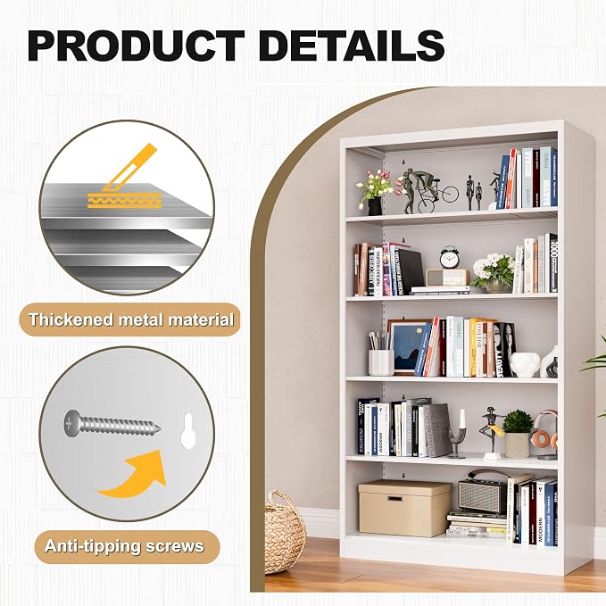 VASAAOSD White Bookshelf, 55” Adjustable Tall Metal Bookshelf, 5-Tier Wide Bookshelf with Anti-Tilt Device, Modern Book Cases and Book Shelves for Bedroom, Living Room, Playroom, Study
