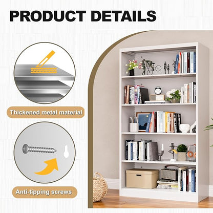 VASAAOSD White Bookshelf, 55” Adjustable Tall Metal Bookshelf, 5-Tier Wide Bookshelf with Anti-Tilt Device, Modern Book Cases and Book Shelves for Bedroom, Living Room, Playroom, Study