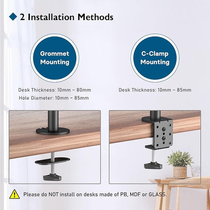 BONTEC Dual Monitor Desk Mount, Full Motion Adjustable Monitor Stand for 13–27 Inch Screens, Heavy Duty Arms Hold Up to 22 lbs Each, VESA 75x75/100x100 mm, C Clamp and Grommet Base, Cable Management