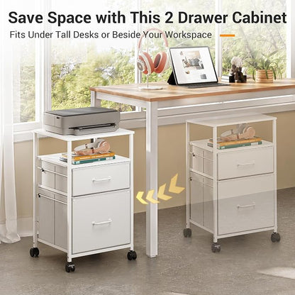 DEVAISE 2 Drawer Fabric Vertical Filing Cabinet, Rolling Printer Stand, White