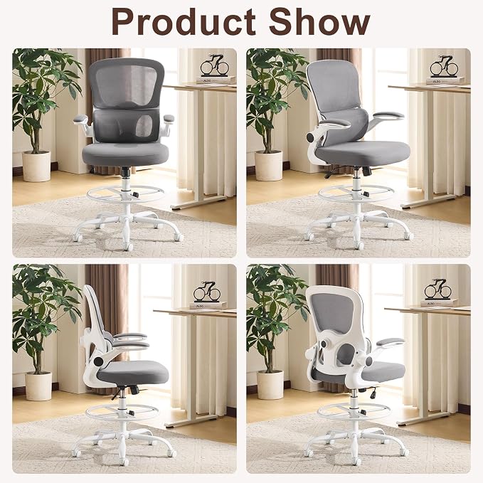 Karl home Ergonomic Drafting Chair, Grey | Lumbar Support, Flip-Up Armrests, Adjustable Height Footrest Ring, Breathable Mesh, Tall Swivel