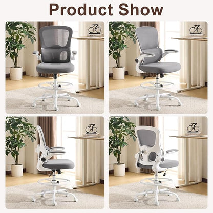 Karl home Ergonomic Drafting Chair, Grey | Lumbar Support, Flip-Up Armrests, Adjustable Height Footrest Ring, Breathable Mesh, Tall Swivel