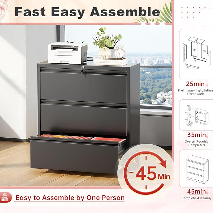 Superday Lateral File Cabinet 3 Drawer Metal File Cabinet with Lock, Black Filing Cabinets for Home Office, Locking Filing Cabinets Hanging Files Letter/Legal/F4/A4