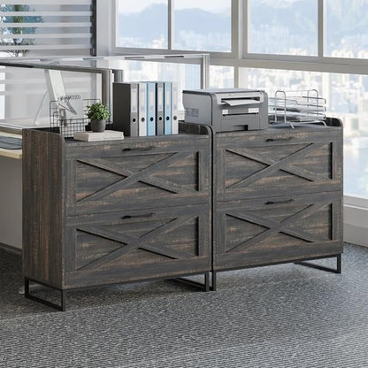 2 Drawer Lateral File Cabinet, Filing Cabinet with Charging Station for Letter/Legal/A4 Size Hanging Files, Modern Farmhouse File Cabinet for Home Office, Printer Stand with Storage, Dark Rustic Oak