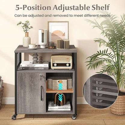 Giantex File Cabinet, Lateral Filing Cabinet with Lock, Wheels, Charging Station, Cable Hole, Lockable Side Cabinet, Adjustable Shelves, Metal Frame, Printer Stand for Home Office Small Space (Grey)