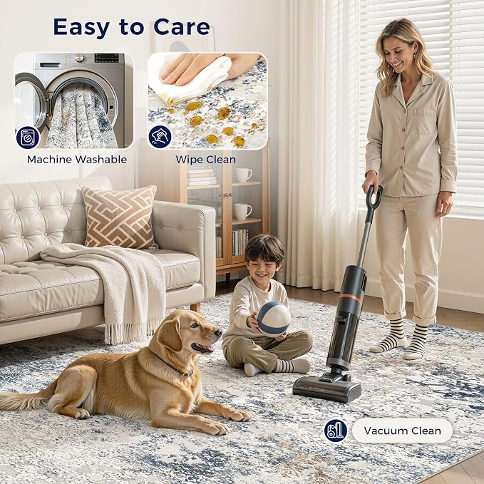 Area Rug Living Room Rugs - 5x7 Abstract Large Soft Indoor Washable Rug Neutral Modern Low Pile Carpet for Bedroom Dining Room Farmhouse Home Office - Beige Blue