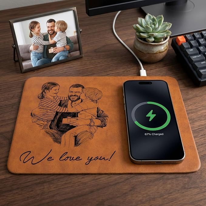 Personalized Leather Charging Mat, Dad Sketch Line Art Custom Photo, Wireless Charging Desk Mat, Custom Dad Gift, Fathers Day Gift for Dad, Papa, Grandpa, Daddy 2