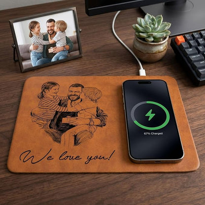 Personalized Leather Charging Mat, Dad Sketch Line Art Custom Photo, Wireless Charging Desk Mat, Custom Dad Gift, Fathers Day Gift for Dad, Papa, Grandpa, Daddy 2