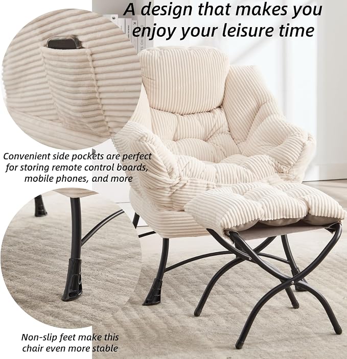 Modern Lazy Chair with Ergonomic Ottoman, Comfortable Lounge Chair with Footrest for Space Saving, Comfy Reading Armchair for Living Room, Bedroom, Office, White