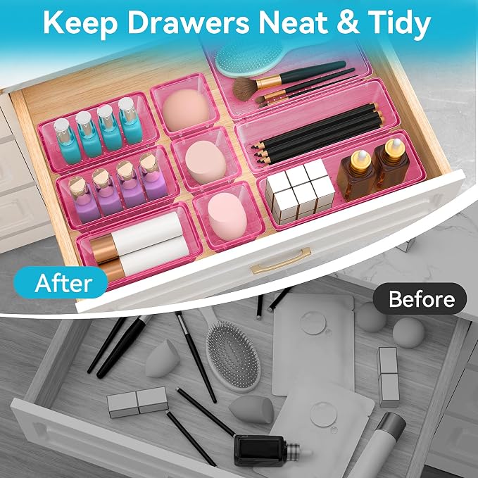 ElegantArray 12 PCS Drawer Organizer Set, 4 Sizes Tool Storage Trays, Clear Plastic Makeup Vanity Organizer and Storage Bins for Stationeries, Multiple Gadgets for Office, Bedroom, Pink