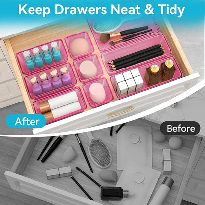 ElegantArray 12 PCS Drawer Organizer Set, 4 Sizes Tool Storage Trays, Clear Plastic Makeup Vanity Organizer and Storage Bins for Stationeries, Multiple Gadgets for Office, Bedroom, Pink