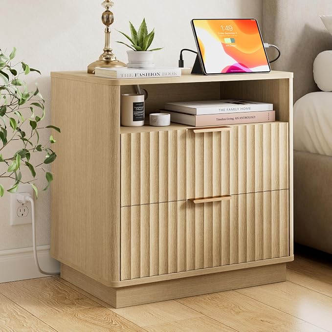 Fluted Nightstand, 23" Wide Night Stand, Modern Nightstand with Charging Station, 2 Drawer Large End Table w/Storage, Bedside Table for Bedroom Sofa Home Office, Curved Corners, Natural Oak
