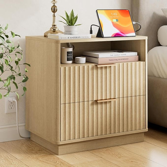 Fluted Nightstand, 23" Wide Night Stand, Modern Nightstand with Charging Station, 2 Drawer Large End Table w/Storage, Bedside Table for Bedroom Sofa Home Office, Curved Corners, Natural Oak