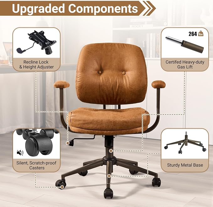 Ergonomic Home Office Chair, Mid-Century Faux Leather Home Office Desk Chairs with Wheels, Office Computer Chair with Rocking Swivel (Light Brown,Suede)