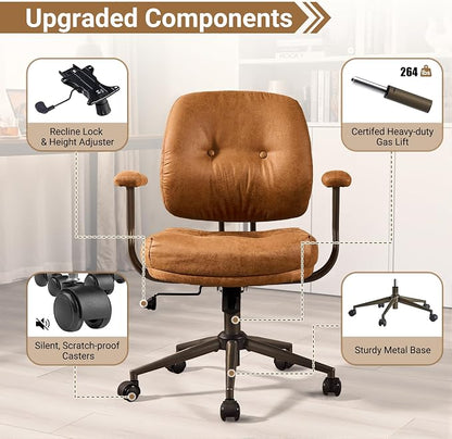 Ergonomic Home Office Chair, Mid-Century Faux Leather Home Office Desk Chairs with Wheels, Office Computer Chair with Rocking Swivel (Light Brown,Suede)