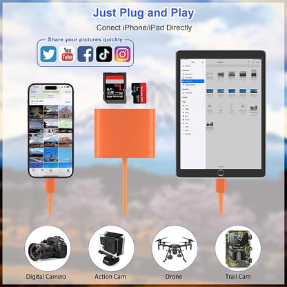 SD Card Reader for iPhone, Memory Card Reader with USB-C to Light-ning Adapter Plug and Play Trail Game Camera Micro SD Card Viewer Support SD/TF Card and USB for iPad No App Required (Orange)