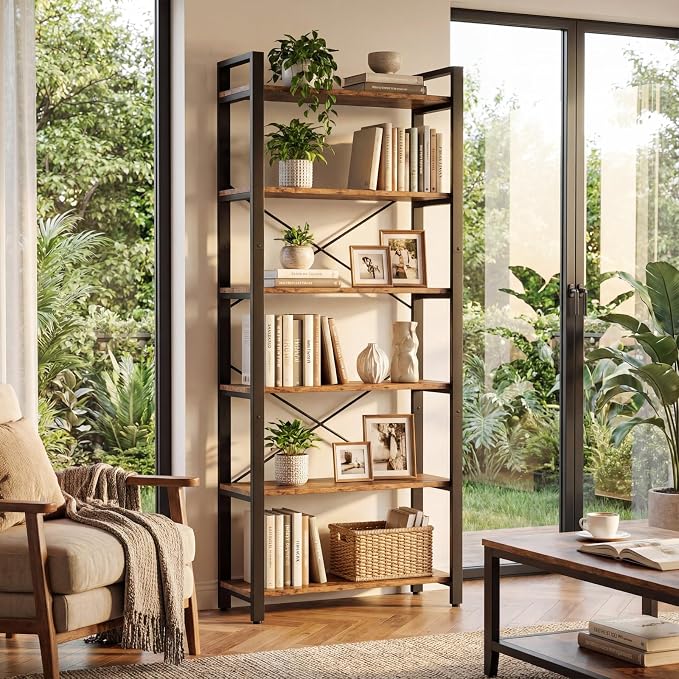 IRONCK Bookshelf 6-Tier Ladder Shelf 110lbs Display Shelf Vintage Industrial Style Bookcase for Home Office, Living Room