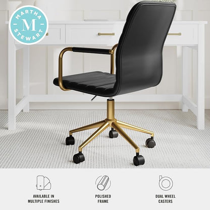 Martha Stewart Taytum Swivel Task Chair with Armrests for Home Office in Black Faux Leather with Polished Brass Frame