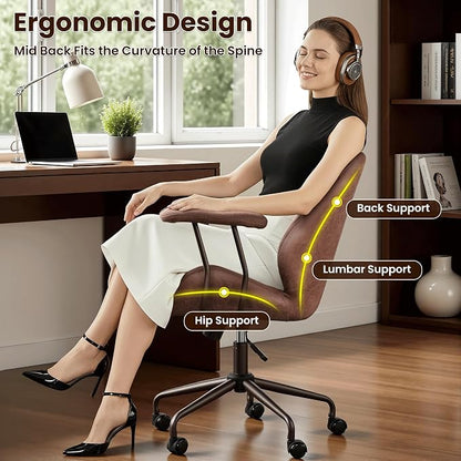 ovios Home Office Chair, Mid-Century Modern Faux Suede Leather Ergonomic Chairs, Mid Back Comfy Computer Swivel Rolling Task Executive Armchair, Dark Brown