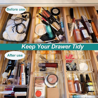 27 Pack Clear Plastic Drawer Organizer Set - 4 Sizes Makeup Vanity Organizer Chest of Drawers Storage Stackable Organizers Bins Divider Box for kitchens, Bedrooms, Bathrooms, Offices, Junk, Gadgets