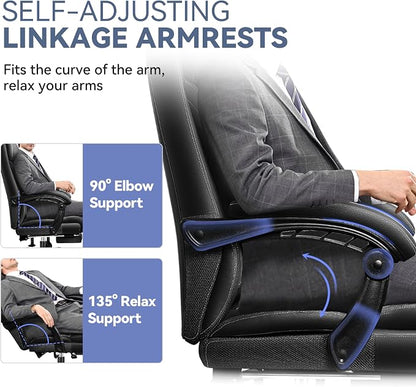 Office Chair, Big and Tall Office Desk Chair, Reclining Office Chair with Footrest Home Office Desk Chairs, High Back Ergonomic with Lumbar Support, Executive Leather