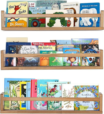 AZSKY Light Walnut Floating Nursery Shelves, Wall Mounted Book Shelves Nursery Kids Room Decor 24 Inch, Toddler Bookshelf for Bathroom Living Room Kitchen Spice Rack a Set of 3