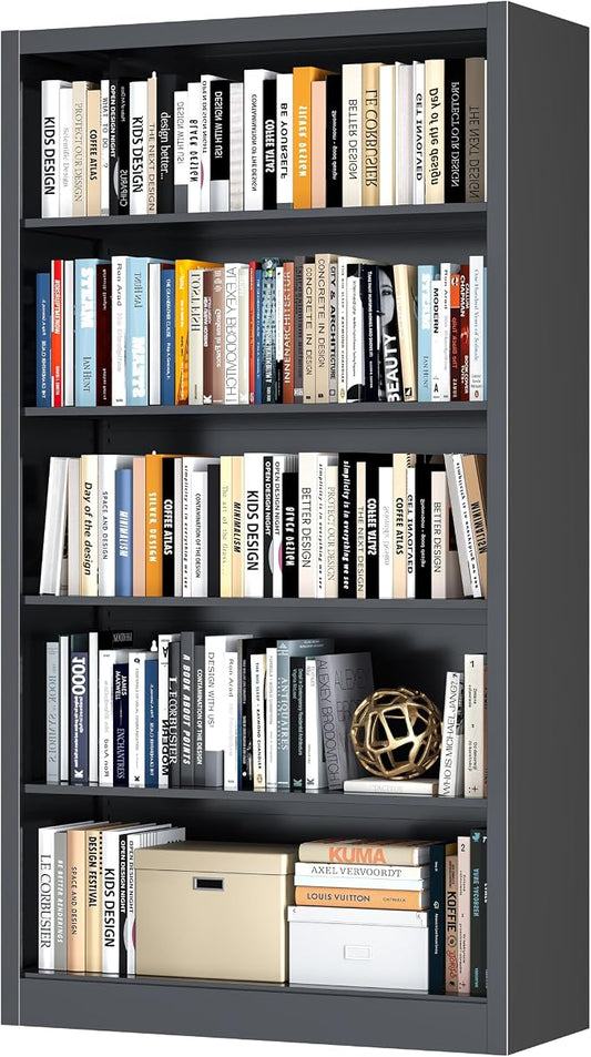 OSEILLC 5 Tier Bookcase, 55" Tall Heavy Duty Metal Bookshelf, Free Standing Bookcase with Back Panel & 4 Adjustable Storage Shelves, Open Display Shelf for Bedroom Living Room Home Office (Black)