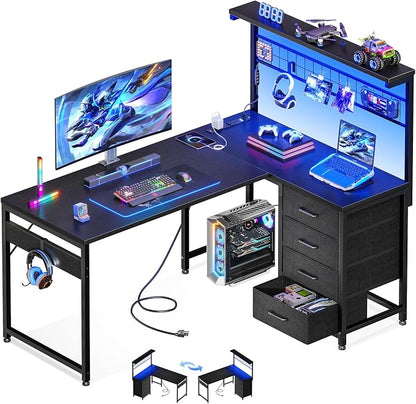MOTPK 43” L Shaped Gaming Desk for Small Rooms, Compact Corner Computer Table with Shelf & Hutch, 4 Drawers, Reversible Study Desk with LED Light, Power Outlets & USB Ports, Home Office Table, Black