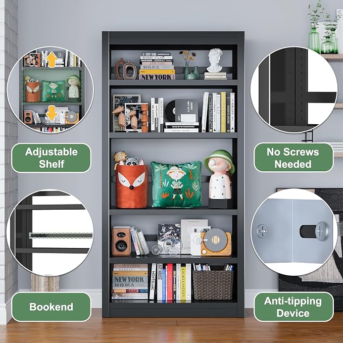 OSEILLC Bookcase, 69" H 5-Shelf Heavy Duty Metal Bookcase, Adjustable Bookshelf with Large Capacity, Sturdy Book Shelf for Home Office, Living Room, Garage