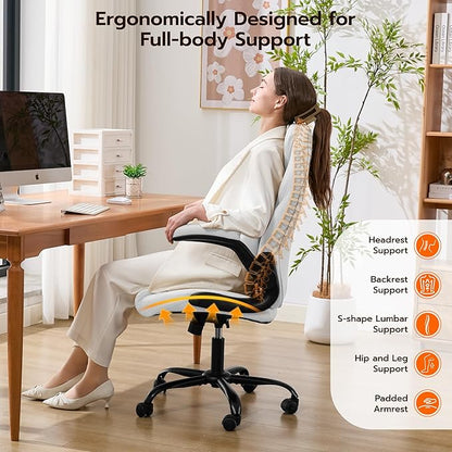 Ylzyxal Office Desk Chair, Ergonomic Computer Chair with Padded Flip-Up Arms and Adjustable Lumbar Support, PU Leather Executive Chair with Tilt Lock and 360° Swivel Rolling Wheels for Work, Study