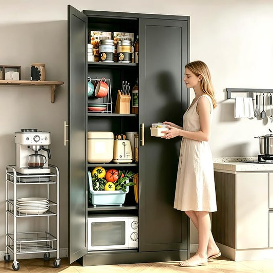 71" Tall Kitchen Pantry Cabinet, Metal Kitchen Pantry Storage Cabinet with Doors and 4 Adjustable Shelves, Black Pantry Cabinet for Living, Dining Room, Bathroom