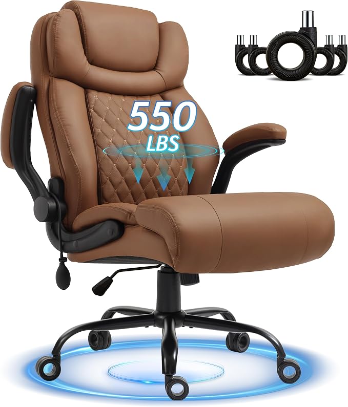 Office Chair, Big and Tall Executive Chairs with Lumbar Support for Back Pain, Breathable Desk Computer Chair with Adjustable Flip-up Armrests,Wide Cushion Swivel Home Office Chair Black,Brown PU