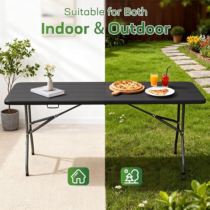 FDW 6 FT Folding Table, Portable Plastic Table with Carrying Handle Perfect for Indoor, Outdoor, Party, Dining, Wedding, Events, Camping, Black Wood Grain