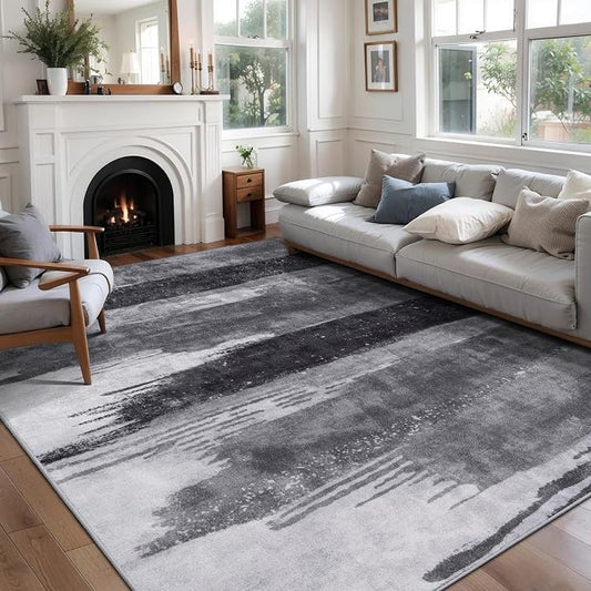 Ciicool Modern Abstract Grey Black Rug for Living Room, 9'x12' Machine Washable Area Rug Non-Slip, Low-Pile Contemporary Indoor Dining Floor Carpet for Bedroom Office Under Table Home Decor