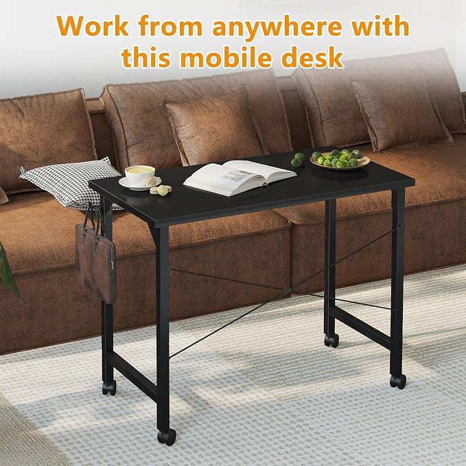 Grandder Rolling Computer 32 inch Desk with Wheels, Wroking Small Desk for Living Room, Modern Simple Style Table for Home Office, Study Writing Table, Caster, Black, 32 inch